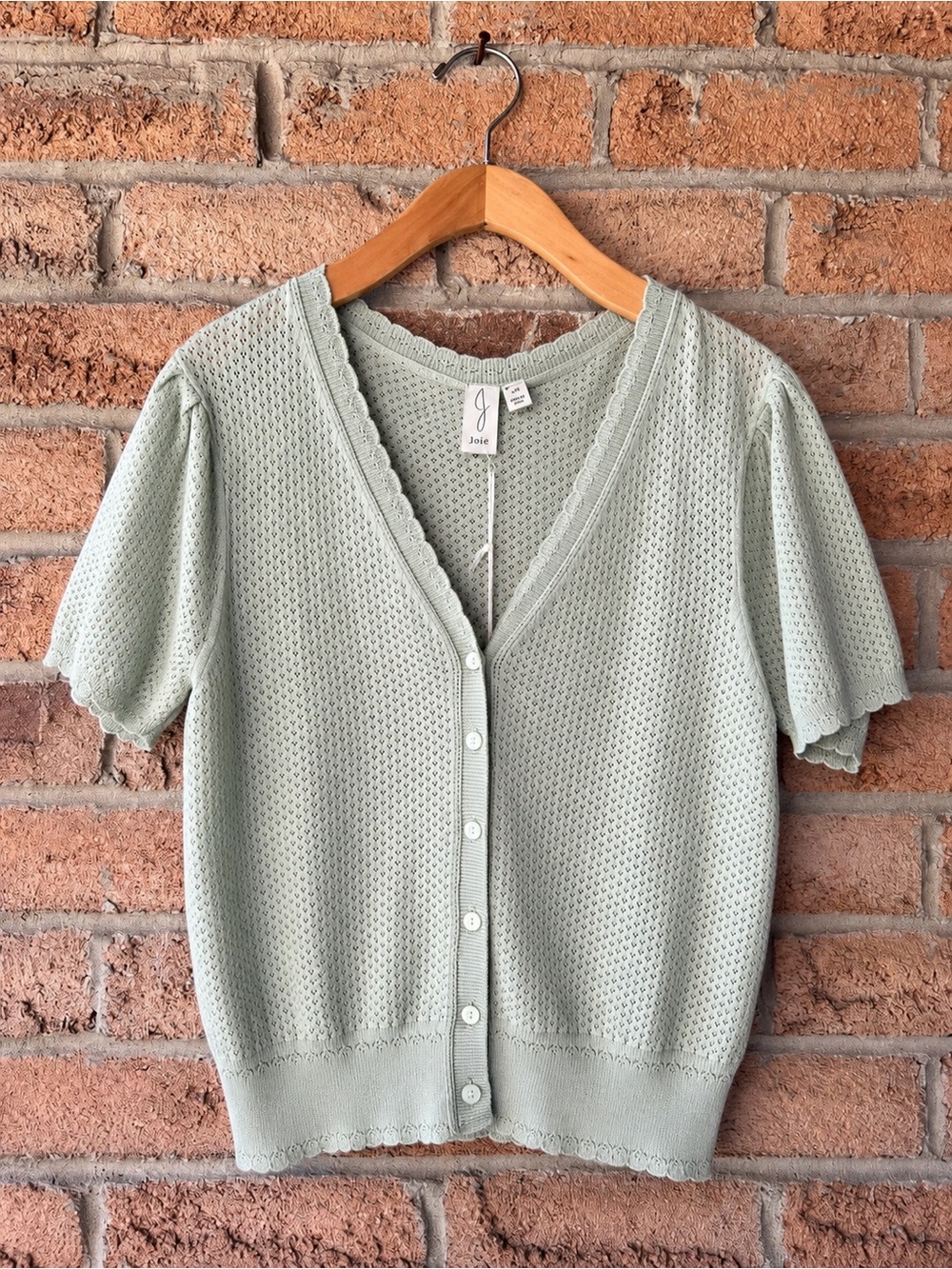 JOIE Sage Green Pointelle Eyelet Short Sleeve Cardigan Scalloped Knit L